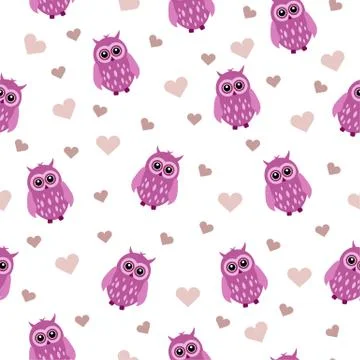 Beautiful seamless pattern with a pink owl animal on a white background Stock Illustration
