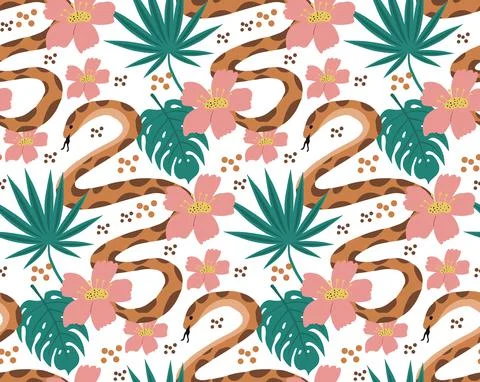 Beautiful seamless pattern with python and tropical leaves. flowers print with Stock Illustration