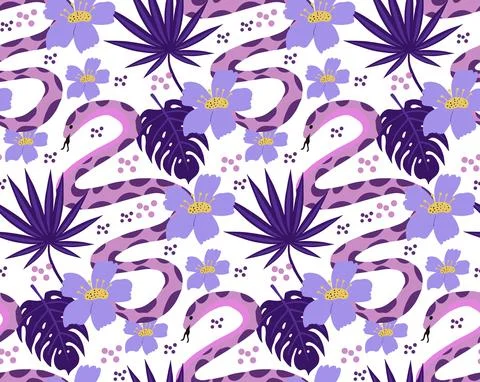 Beautiful seamless pattern with python and tropical leaves. flowers print with Stock Illustration