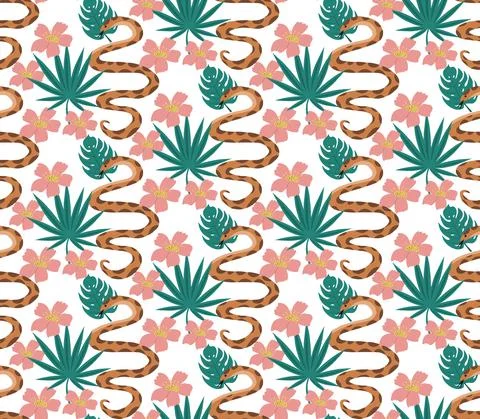 Beautiful seamless pattern with python and tropical leaves. flowers print with Stock Illustration