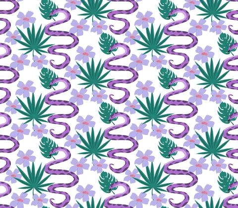 Beautiful seamless pattern with python and tropical leaves. flowers print with Stock Illustration