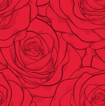 Beautiful seamless pattern in red roses with contours. Hand-drawn contour lin Stock Illustration