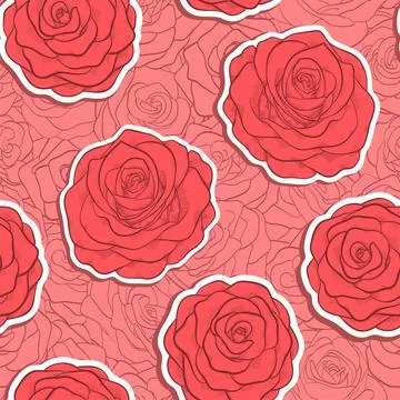 Beautiful seamless pattern in red roses with contours. Stock Illustration