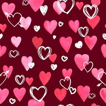 Beautiful Seamless pattern with red watercolor hearts with doodle sketch he.. Stock Illustration