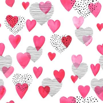 Beautiful Seamless pattern with red watercolor hearts with doodle sketch he.. Stock Illustration