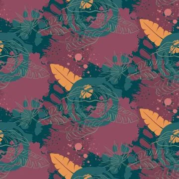 Beautiful seamless pattern with ropical jungle palm leaves and abstract texture Stock Illustration
