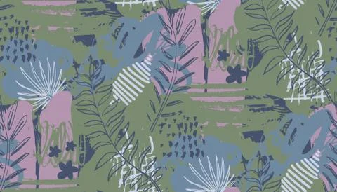 Beautiful seamless pattern with ropical jungle palm leaves and abstract texture Stock Illustration