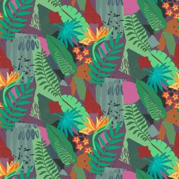 Beautiful seamless pattern with ropical jungle palm leaves and abstract texture Stock Illustration