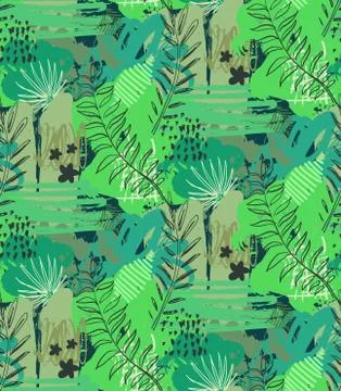 Beautiful seamless pattern with ropical jungle palm leaves and abstract texture Illustrazione stock