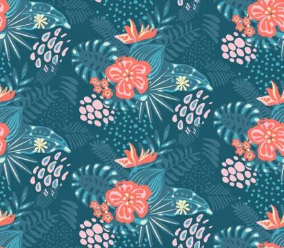 Beautiful seamless pattern with ropical jungle palm leaves and flowers. Stock Illustration