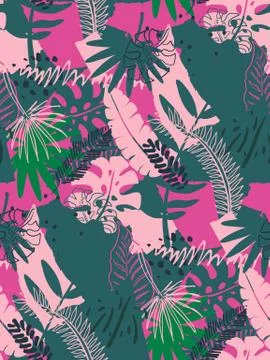 Beautiful seamless pattern with ropical jungle palm leaves and abstract texture Stock Illustration
