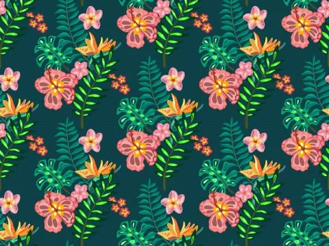 Beautiful seamless pattern with ropical jungle palm leaves and flowers. Illustrazione stock