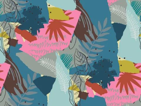 Beautiful seamless pattern with ropical jungle palm leaves and abstract texture Stock Illustration