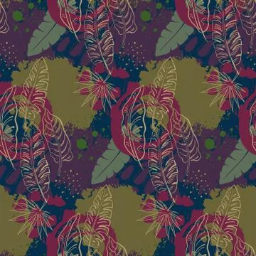Beautiful seamless pattern with ropical jungle palm leaves and abstract texture Stock Illustration