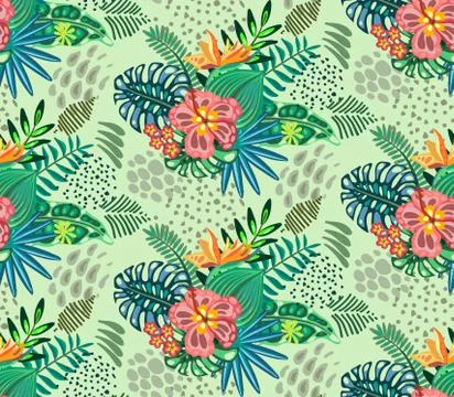Beautiful seamless pattern with ropical jungle palm leaves and flowers. Illustrazione stock