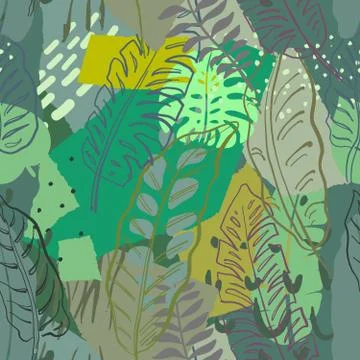 Beautiful seamless pattern with ropical jungle palm leaves and abstract texture Stock Illustration