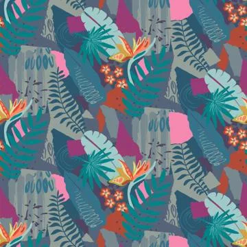 Beautiful seamless pattern with ropical jungle palm leaves and abstract texture Stock Illustration
