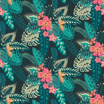 Beautiful seamless pattern with ropical jungle palm leaves and flowers. Stock Illustration