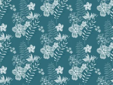 Beautiful seamless pattern with ropical jungle palm leaves and flowers. Stock Illustration