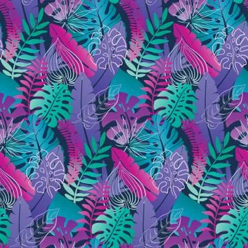Beautiful seamless pattern with ropical jungle palm leaves. Stock Illustration
