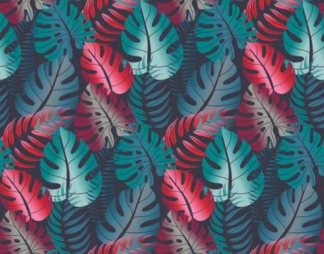 Beautiful seamless pattern with ropical jungle palm leaves. Stock Illustration