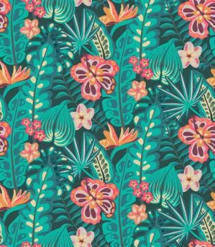 Beautiful seamless pattern with ropical jungle palm leaves and flowers. Stock Illustration