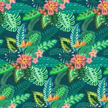 Beautiful seamless pattern with ropical jungle palm leaves and flowers. Stock Illustration