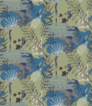 Beautiful seamless pattern with ropical jungle palm leaves and abstract texture Stock Illustration