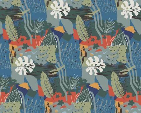 Beautiful seamless pattern with ropical jungle palm leaves and abstract texture Stock Illustration