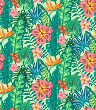 Beautiful seamless pattern with ropical jungle palm leaves and flowers. Stock Illustration