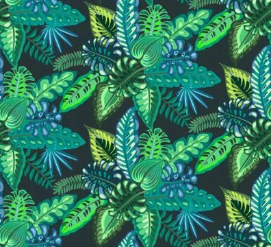 Beautiful seamless pattern with ropical jungle palm leaves. Stock Illustration