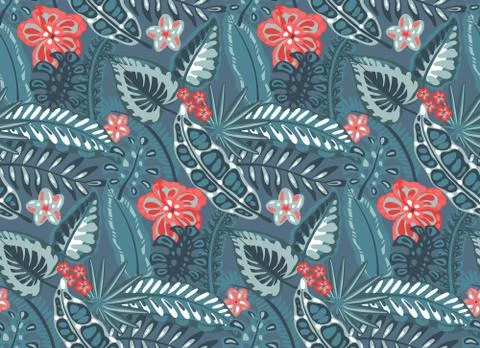 Beautiful seamless pattern with ropical jungle palm leaves and flowers. Stock Illustration