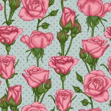 Beautiful seamless pattern rose, buds, leaves, stems on polka dots vintage .. イラスト素材