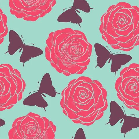 Beautiful seamless pattern with roses and silhouettes of butterflies. Painted Stock Illustration