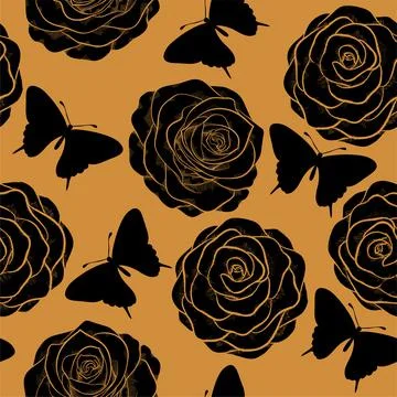 Beautiful seamless pattern with roses and silhouettes of butterflies.  in a h Stock Illustration