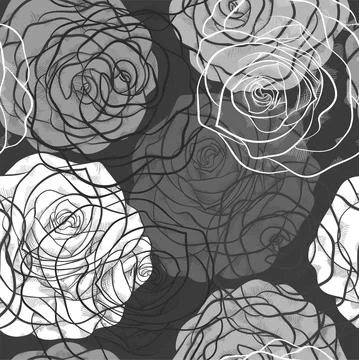 Beautiful seamless pattern with roses  in a hand-drawn graphic style in black Stock Illustration