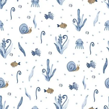 Beautiful seamless pattern with seaweed, fish, snails and jellyfish. Stock Illustration