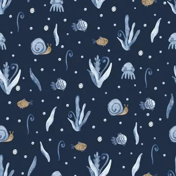 Beautiful seamless pattern with  seaweed, fish, snails and jellyfish. Stock Illustration