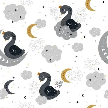 Beautiful Seamless Pattern with Swans, Moon and Stars Stock Illustration