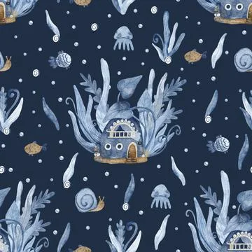 Beautiful seamless pattern with underwater house surrounded by seaweed Stock Illustration