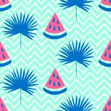 Beautiful seamless pattern with watermelon and bright blue tropical leaf Stock Illustration