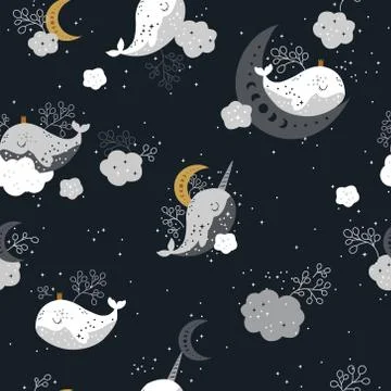 Beautiful Seamless Pattern with Whale, Moon and Stars Stock Illustration