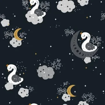 Beautiful Seamless Pattern with white Swans, Moon and Stars Stock Illustration