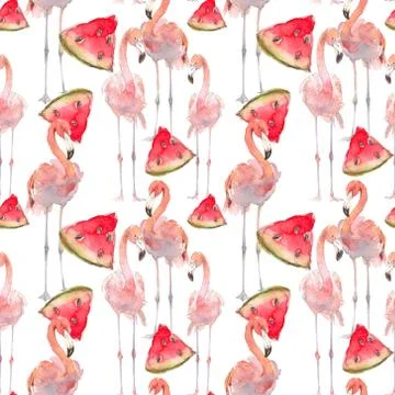 Beautiful seamless summer pattern background with tropical flamingo,watermelon Stock Illustration