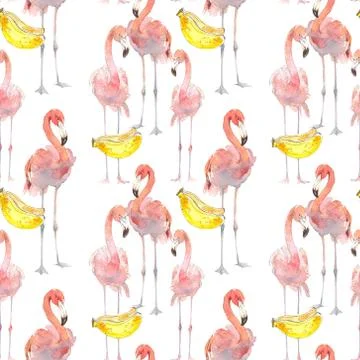 Beautiful seamless summer pattern background with tropical flamingo and bananas Stock Illustration