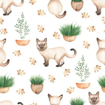 Beautiful, seamless, tileable pattern with watercolor cat animals - cute Si.. Stock Illustration