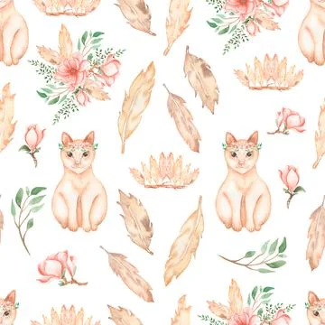 Beautiful, seamless, tileable pattern with watercolor cat animals - cute re.. Stock Illustration