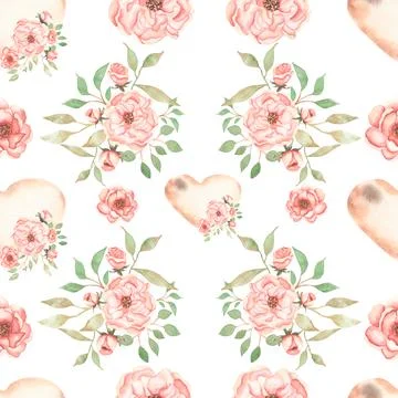 Beautiful, seamless, tileable pattern with watercolor flower wreath, flower.. Stock Illustration