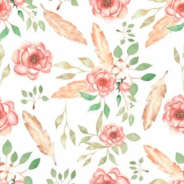 Beautiful, seamless, tileable pattern with watercolor flower bouquets, bran.. Stock Illustration