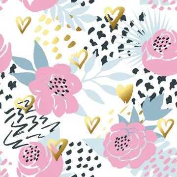 Beautiful seamless vector floral pattern background with gold hand-drawn hear Stock Illustration